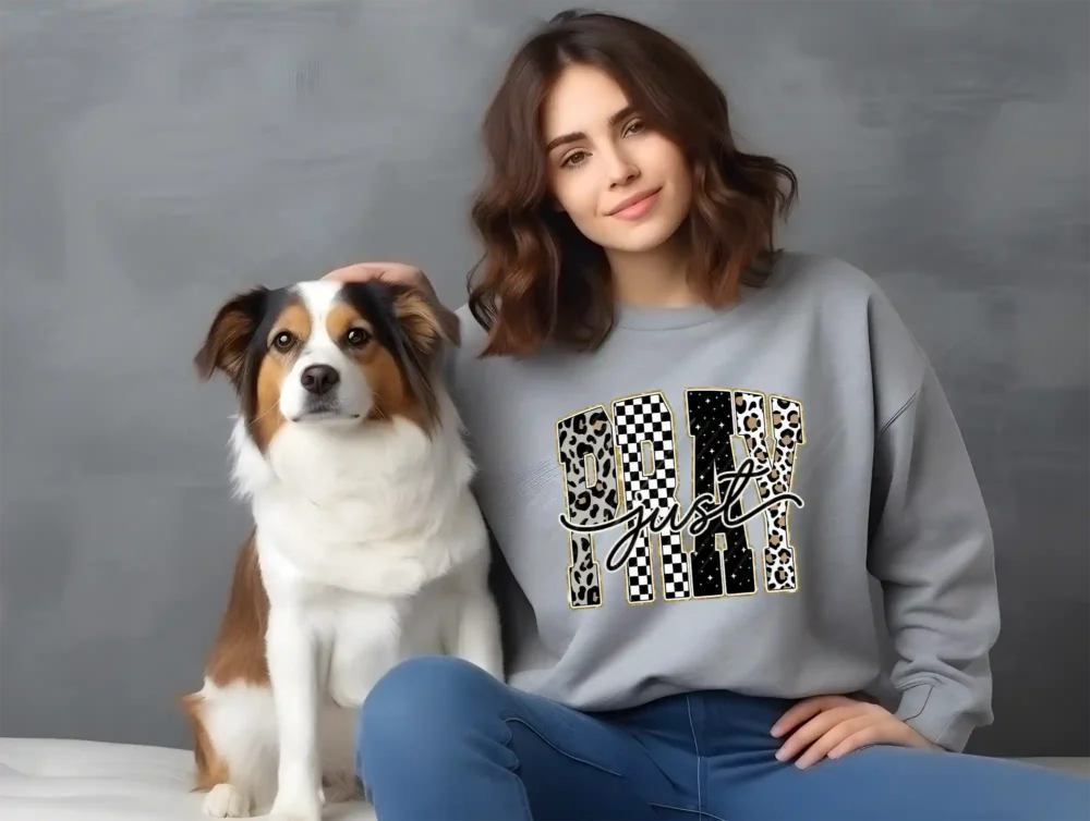 Grey sweatshirt featuring retro Christian prayer design