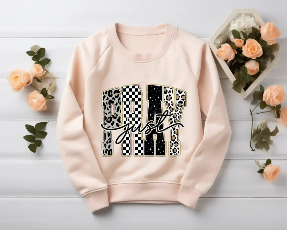 Blush sweatshirt with Christian PRAY PNG varsity graphic