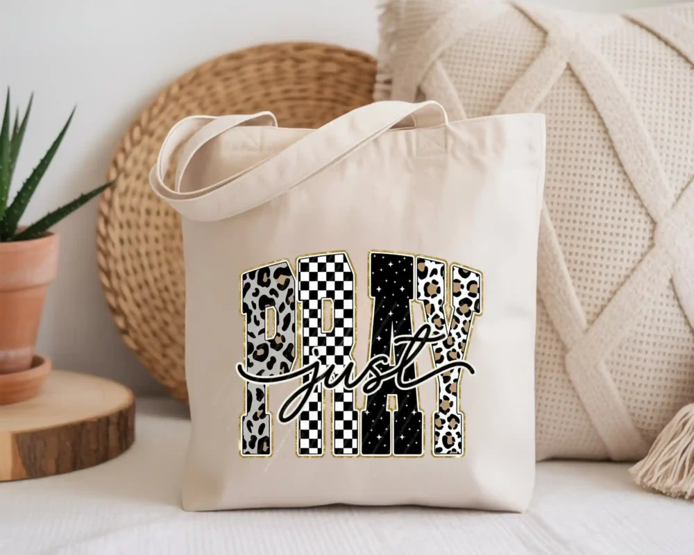 Tote bag with leopard and checkered Christian pray design