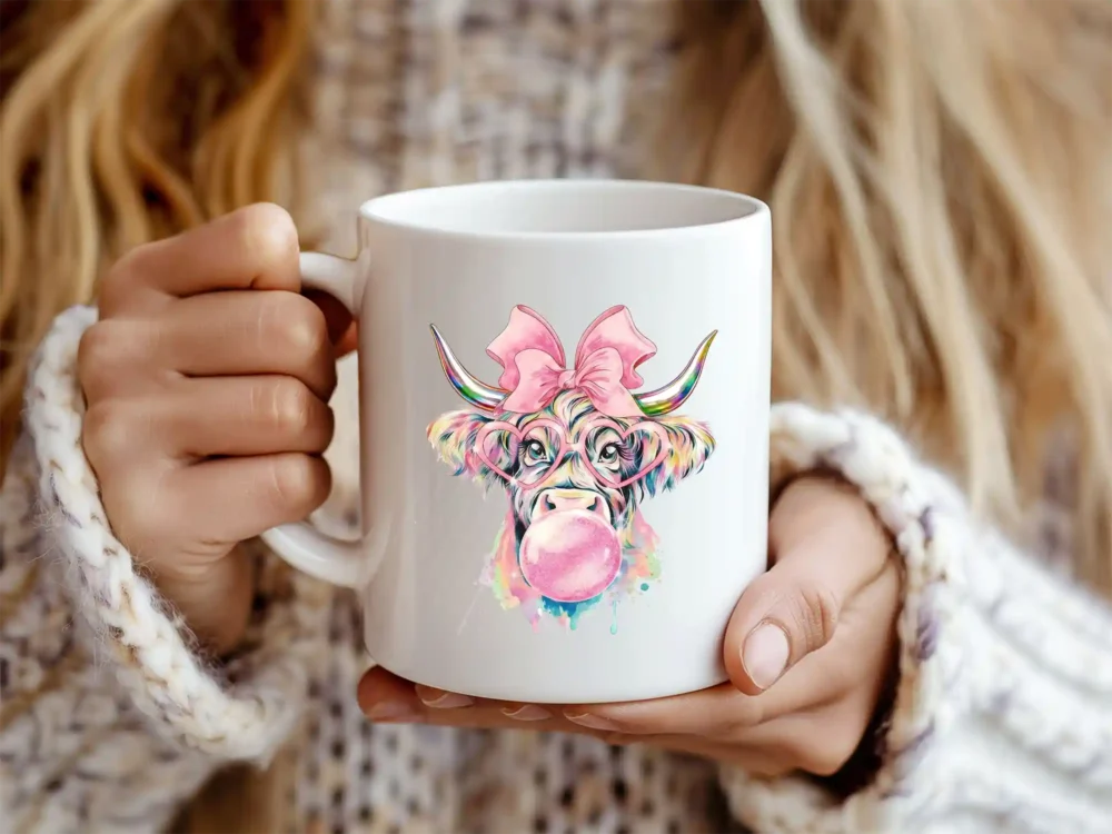 Bubblegum highland cow design displayed on white mug