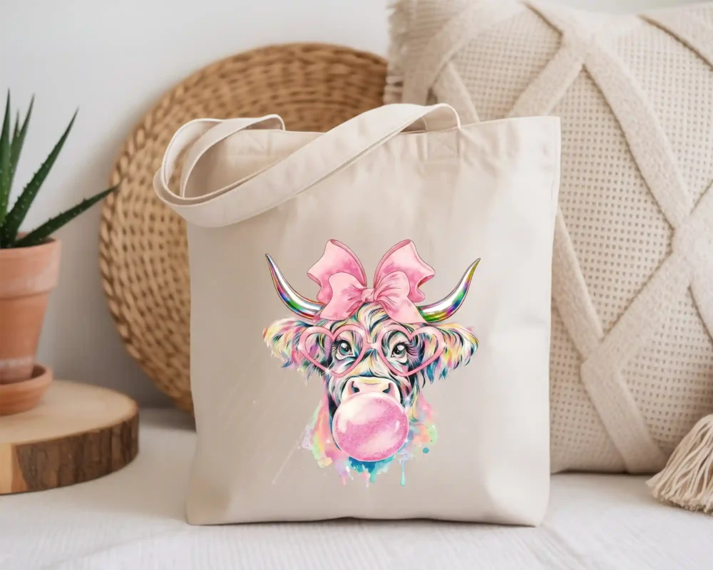 Canvas tote bag mockup featuring trendy bubblegum cow design