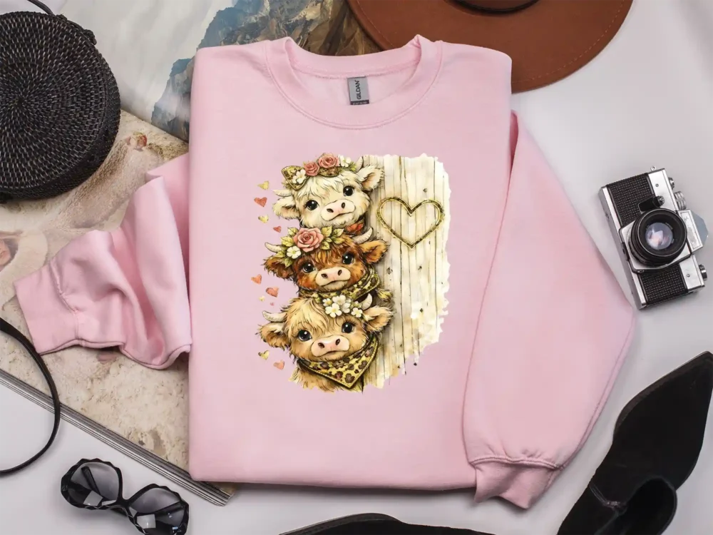 Pink sweatshirt showing cute cow sublimation design