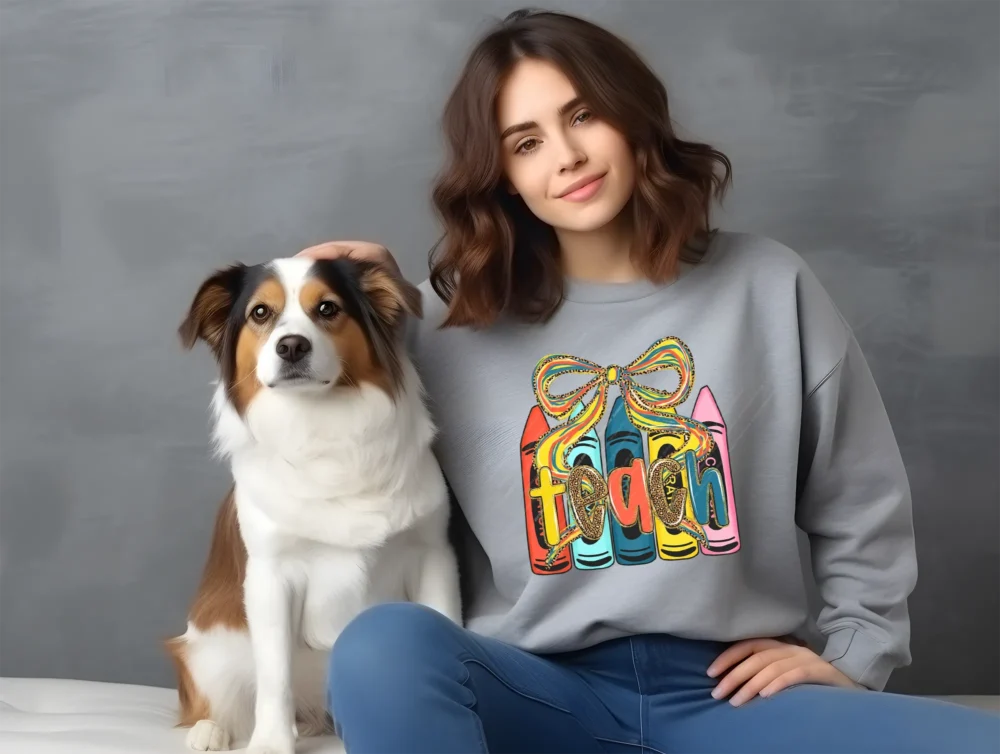 Girl and dog with an ash grey Cute Teacher PNG shirt