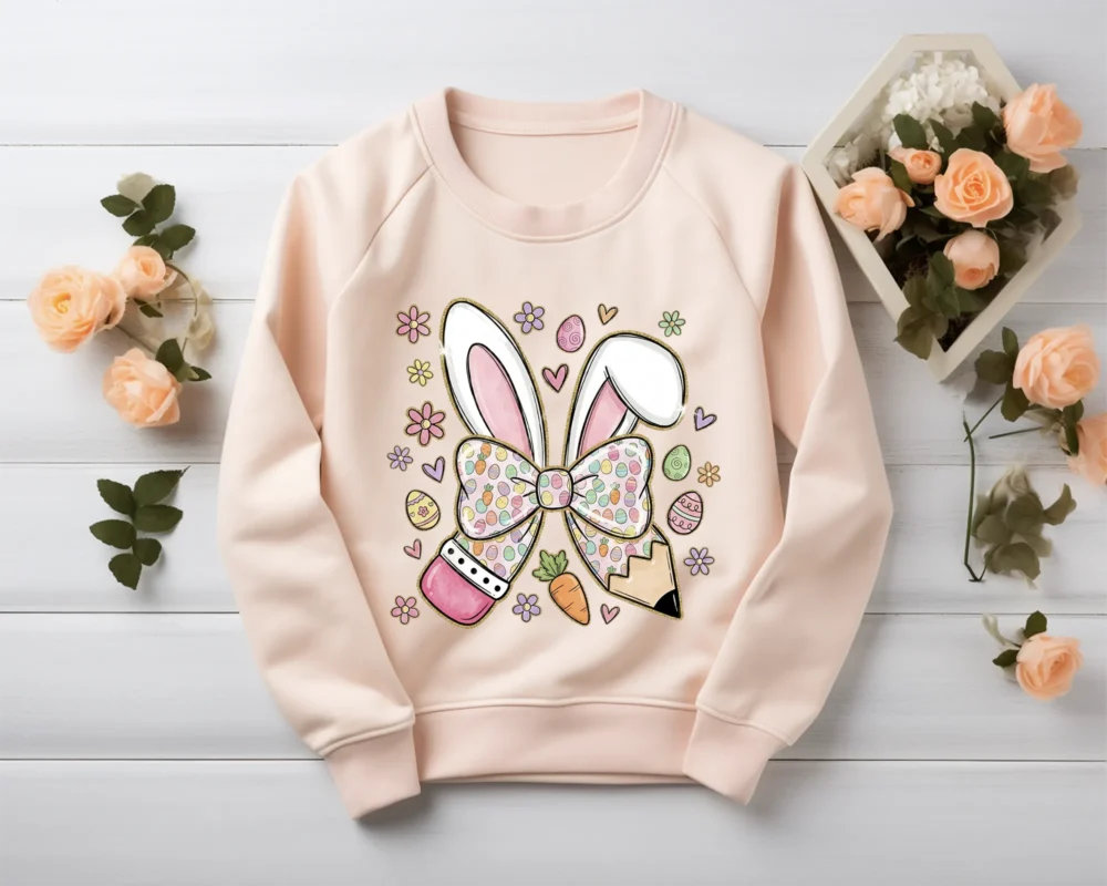Whimsical Easter Teacher Coquette PNG featuring watercolor bunny ears, a pencil bow, and pastel Easter eggs