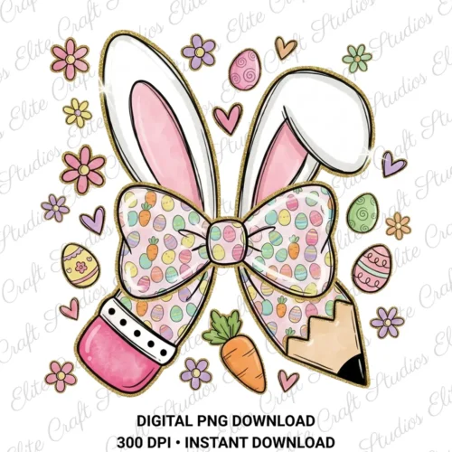 Easter Teacher Coquette PNG Bunny Pencil Sublimation Digital PNG Download