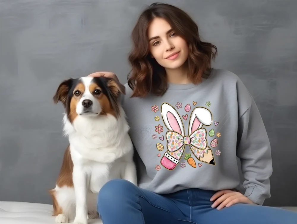 Girl and dog with a grey Easter Teacher Coquette PNG shirt
