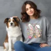 Girl and dog with a grey Easter Teacher Coquette PNG shirt