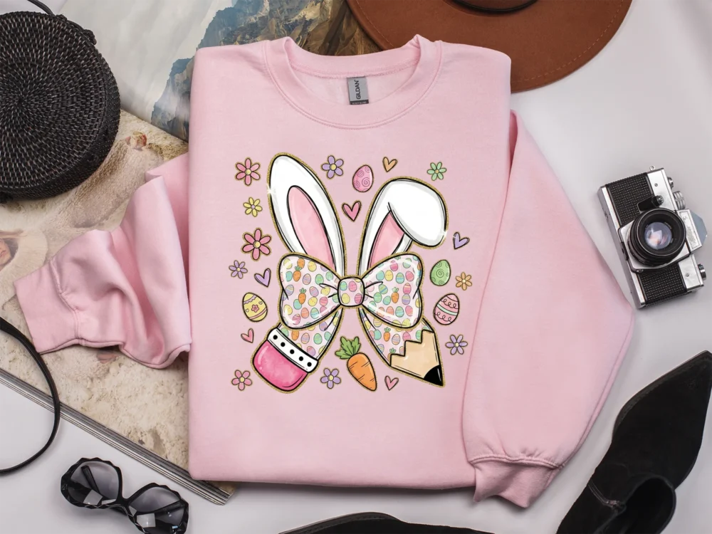 Easter Teacher Coquette PNG featured on a light pink top