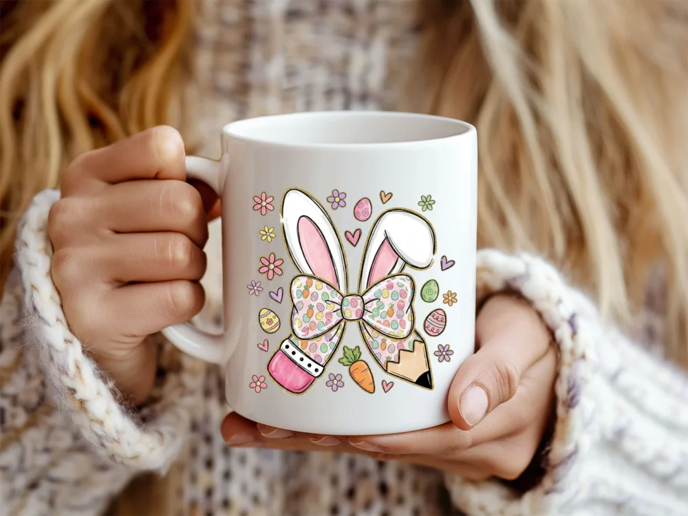 White coffee mug featuring the Easter Teacher Coquette PNG