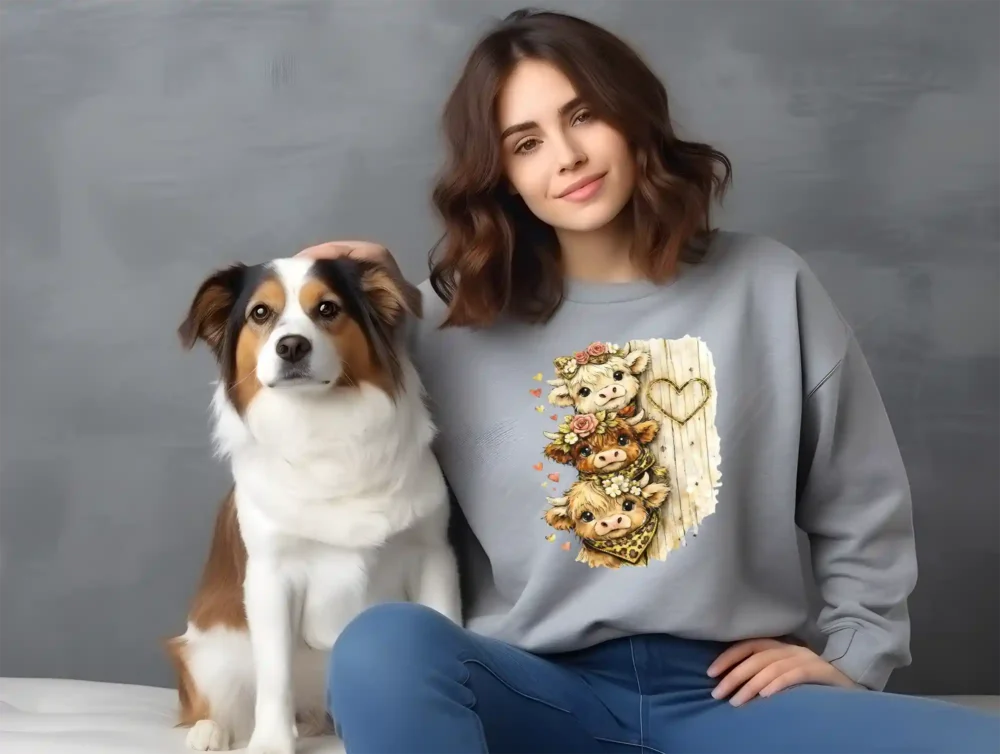 Girl sitting with dog wearing grey sweatshirt with cow design
