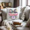 Decorative pillow with a 3D knitted teacher bow design