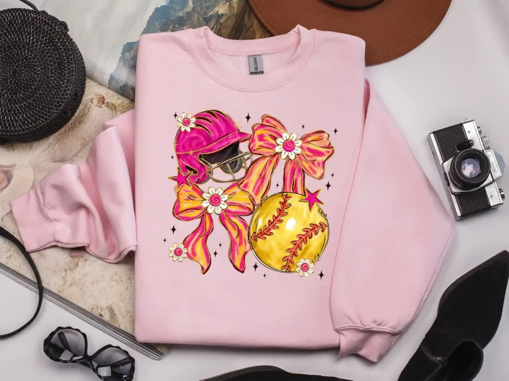 Light pink sweatshirt featuring a trendy floral softball bow PNG