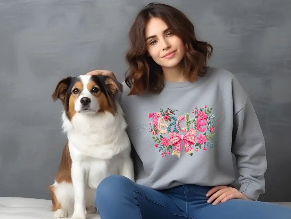 Girl and dog with a grey Floral Teacher Faux Knitted PNG shirt