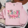 Floral Teacher Faux Knitted PNG featured on a light pink top