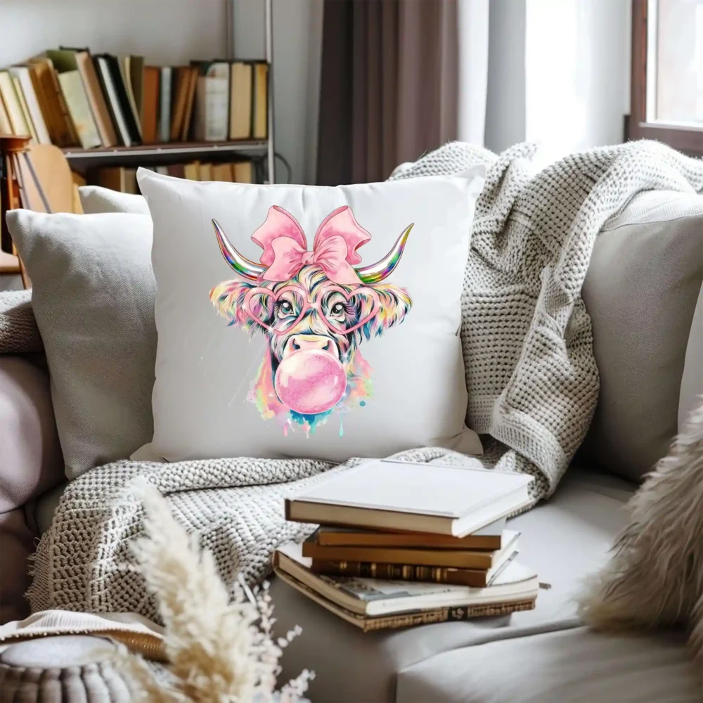 Cute pastel highland cow artwork printed on decorative pillow