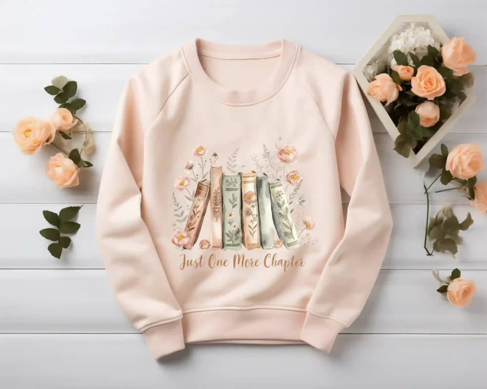 Reading quote sweatshirt with vintage book artwork