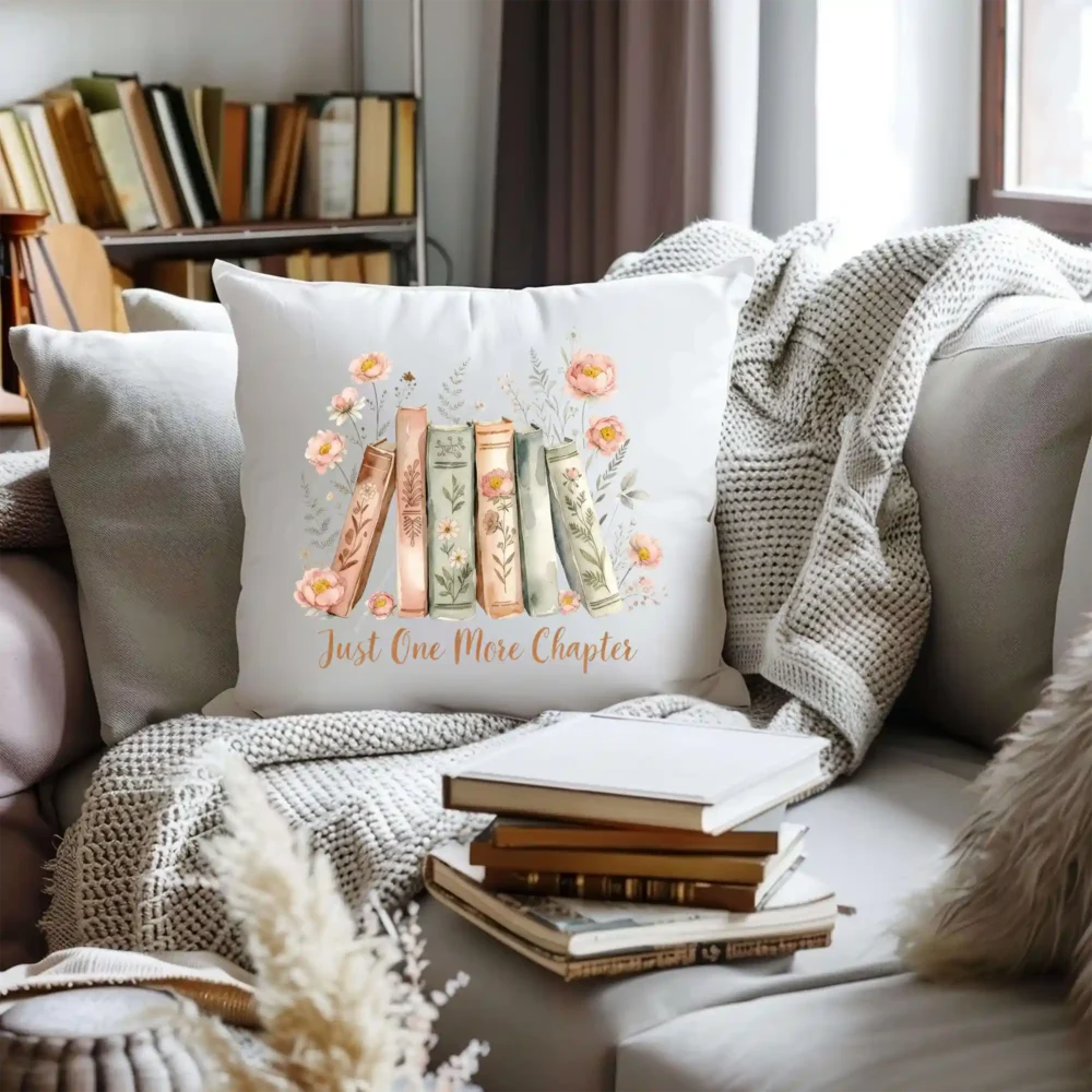 Floral book stack design on decorative pillow
