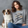 Girl and dog with a grey Literally Just a Teacher PNG shirt