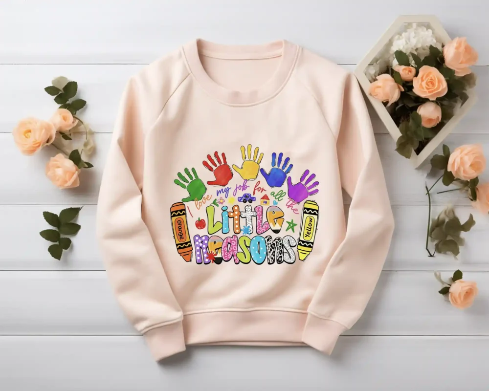 Colorful Little Reasons Teacher PNG featuring handprints, crayons, and school doodles