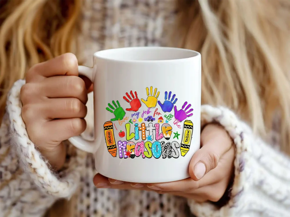 White coffee mug featuring the Little Reasons Teacher PNG
