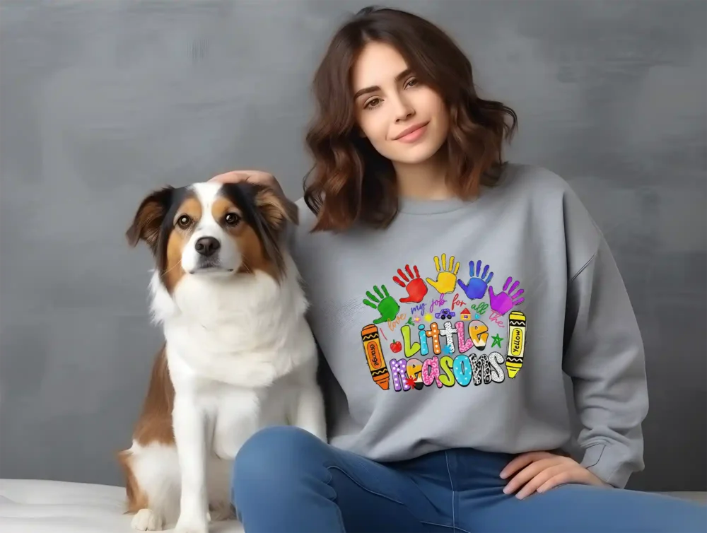 Girl and dog with a grey Little Reasons Teacher PNG shirt