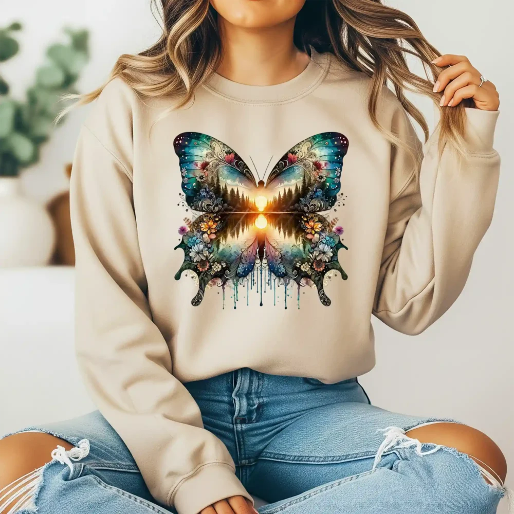 Girl wearing a brown sweatshirt with a Boho Sunset Butterfly