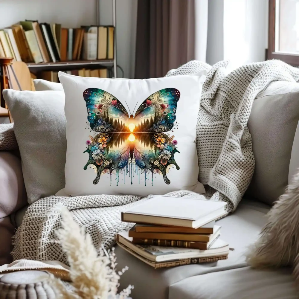 Decorative pillow with a Boho Sunset Butterfly PNG print