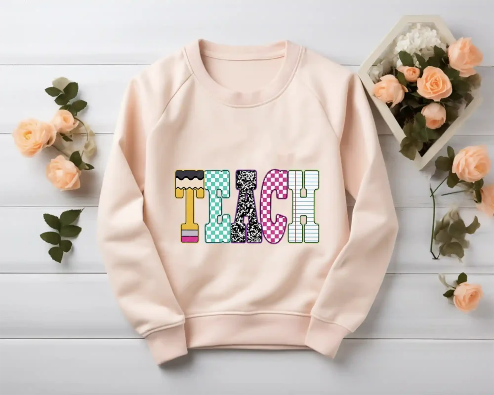 Colorful Neon Checkered TEACH PNG typographic design for school sublimation