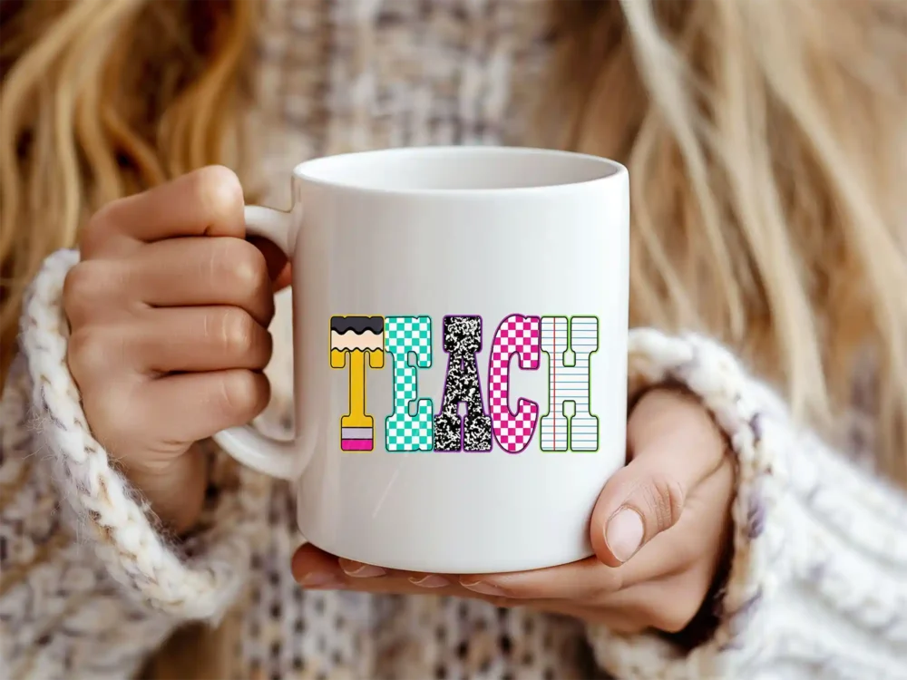 White coffee cup featuring the Neon Checkered TEACH PNG