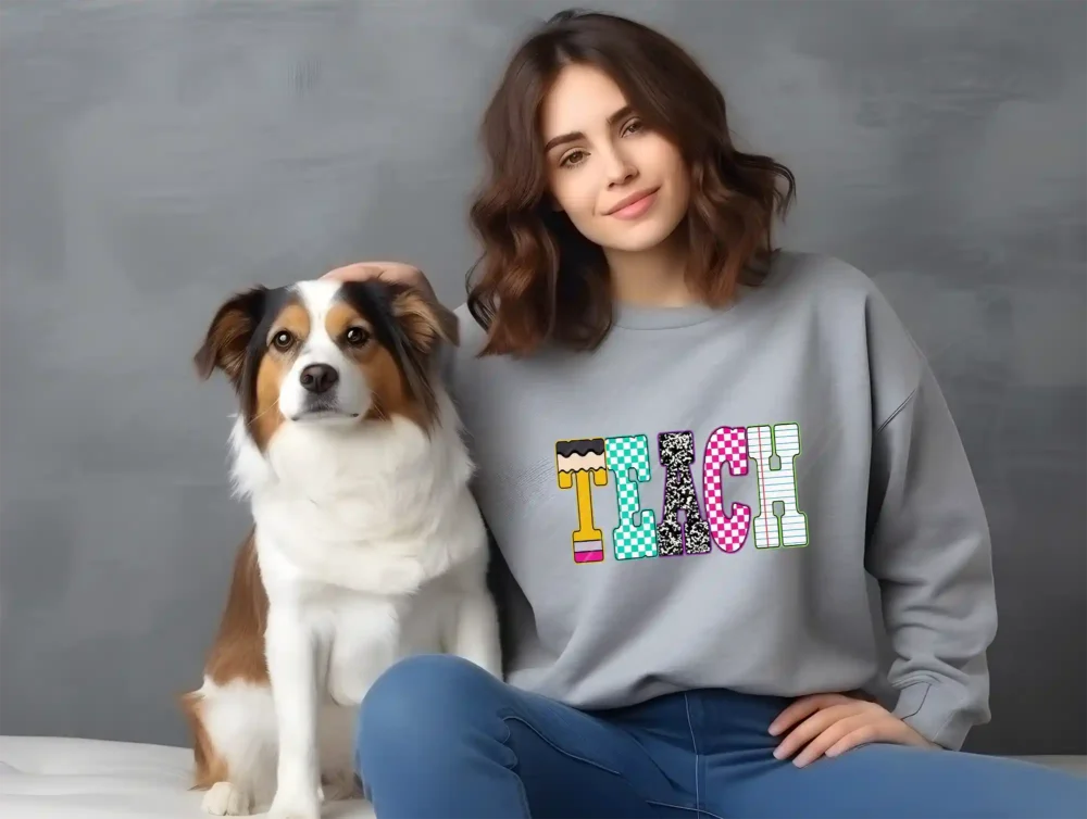Girl and dog with a grey Neon Checkered TEACH PNG shirt