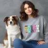 Girl and dog with a grey Neon Checkered TEACH PNG shirt