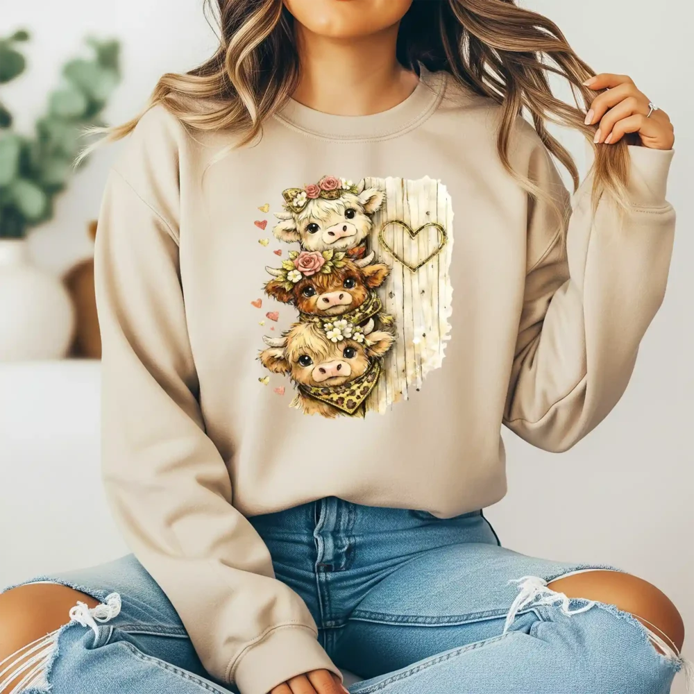 Girl wearing sweatshirt with stacked highland cow graphic