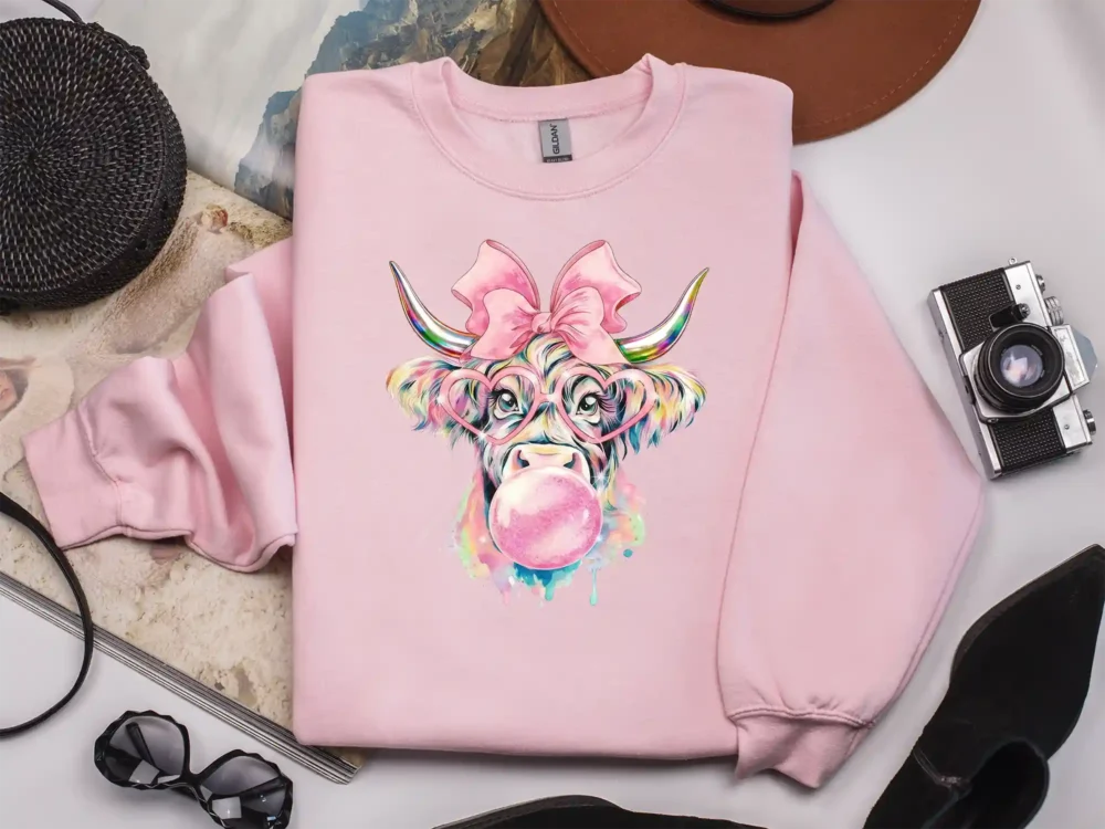 Light pink sweatshirt displaying cute highland cow artwork