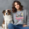 Girl and dog with a grey Rainbow Knitted Teacher PNG shirt