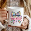 hite coffee mug featuring the Rainbow Knitted Teacher PNG