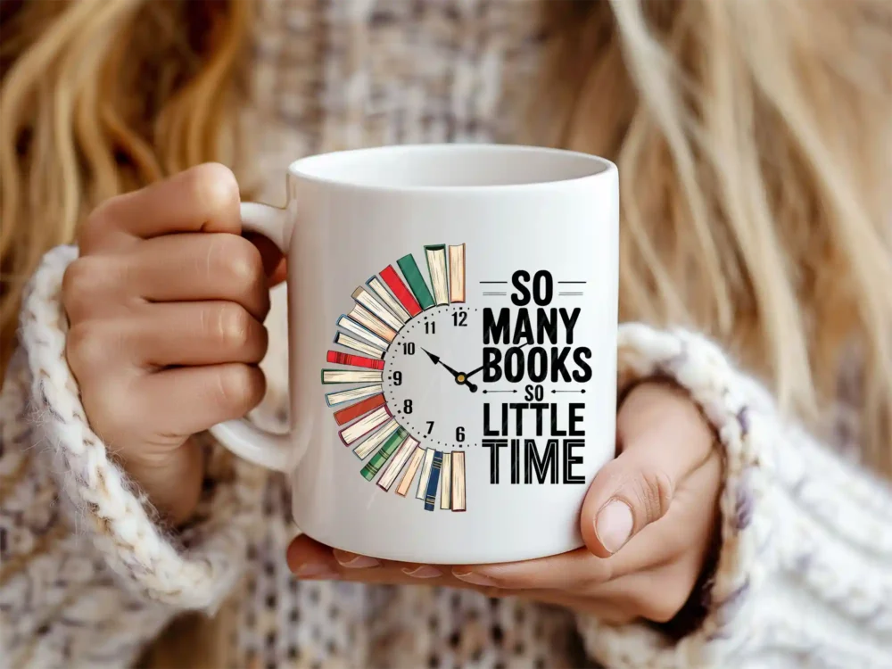Woman holding mug with So Many Books So Little Time PNG design