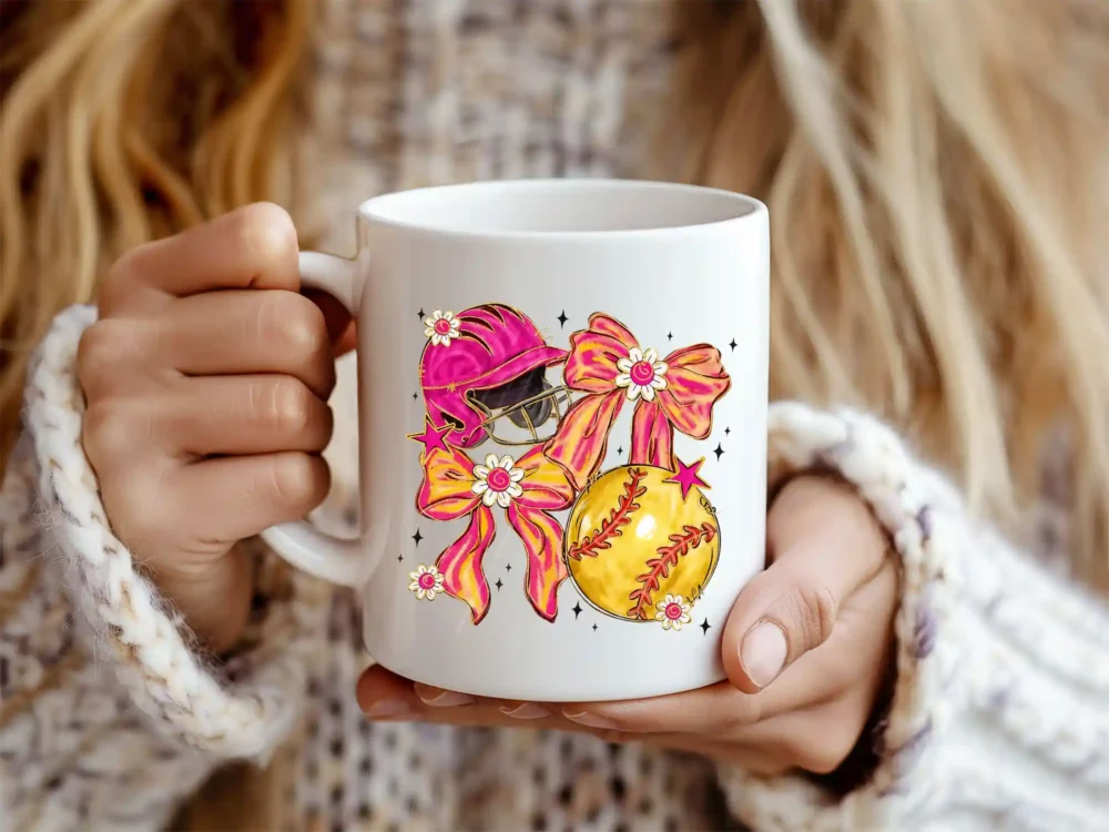 Softball Coquette PNG design printed on a white ceramic coffee cup