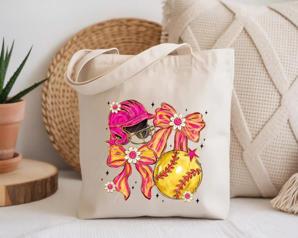 Canvas tote bag with a high-quality softball coquette sublimation print