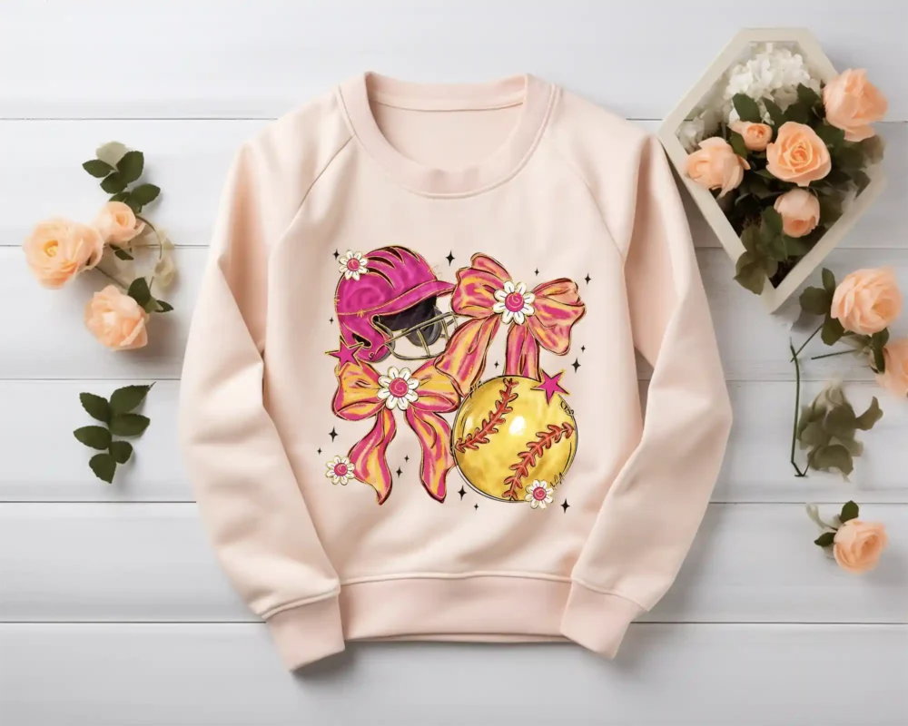 Softball Mom shirt design on a blush pink crewneck sweatshirt