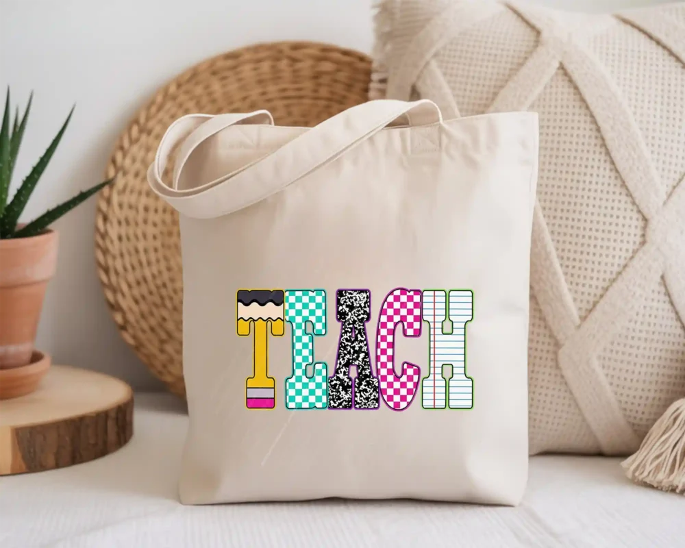 Canvas tote bag featuring a colorful teacher school design