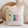 Canvas tote bag featuring a colorful teacher school design
