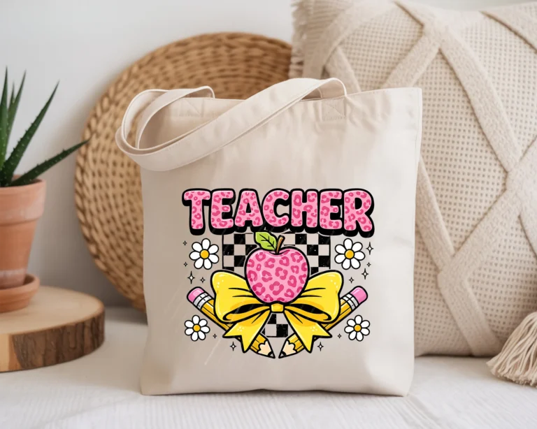 A stylish "Teacher" PNG featuring pink leopard print lettering and a matching leopard print apple. A large yellow bow sits at the base of the apple, overlapping two crossed pencils. Small white daisies and stars provide a clean, modern aesthetic.