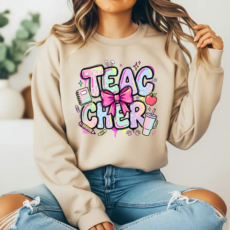 A soft-colored "Teacher" design in a bubbly, kawaii style. The letters are filled with pastel florals, polka dots, and bunny icons. Surrounding the text are an apple, a pink notebook, a pencil, and a trendy insulated tumbler, all in matching pastel shades with a graffiti-drip effect