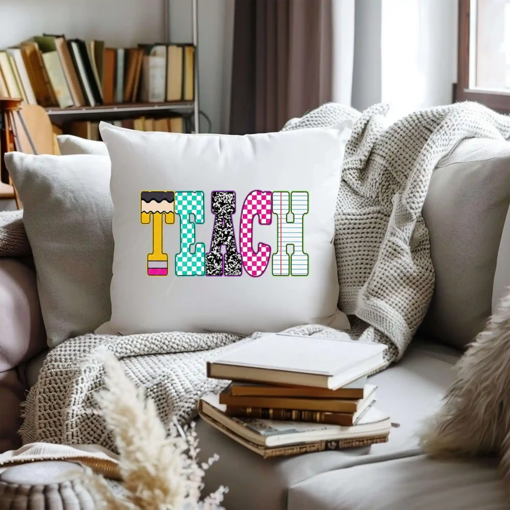 Decorative classroom pillow with a teacher sublimation print