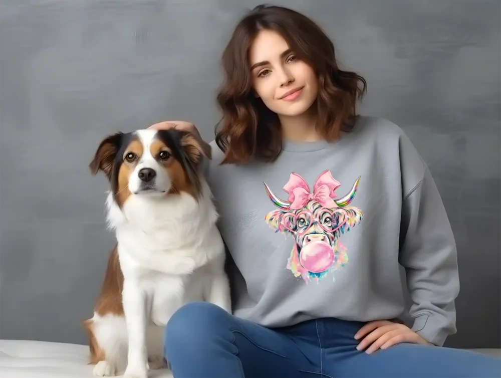 Girl sitting with dog wearing grey sweatshirt with cute cow design