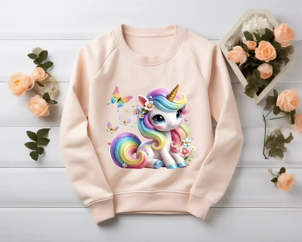 Cute rainbow unicorn PNG on blush sweatshirt