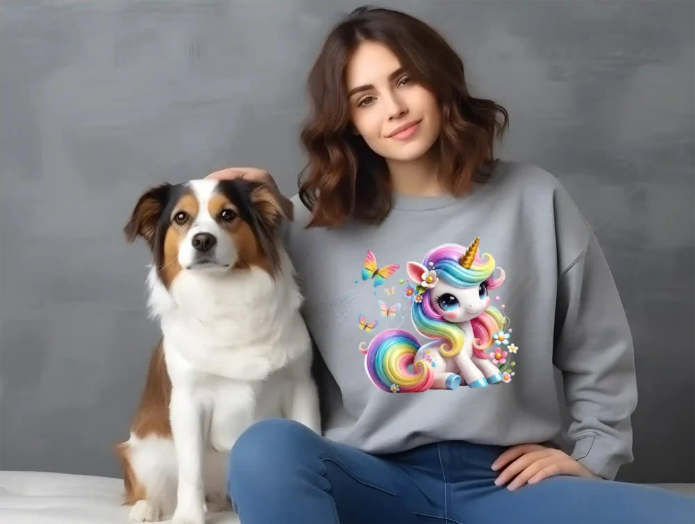 Cute unicorn rainbow design on grey sweatshirt