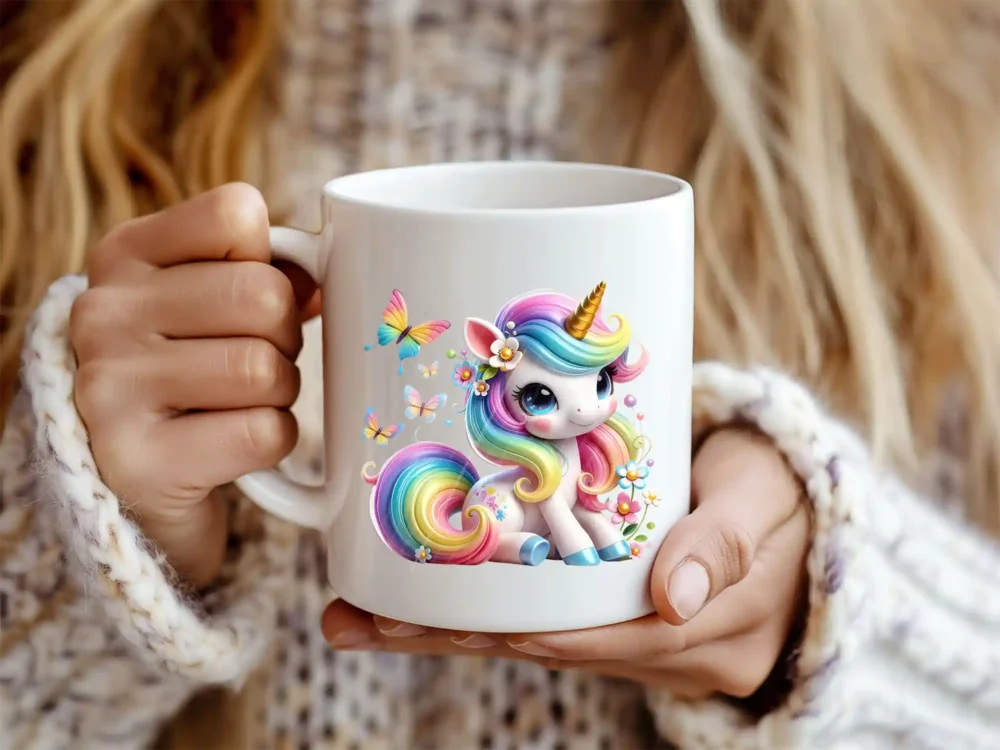 Cute unicorn rainbow PNG design on coffee mug