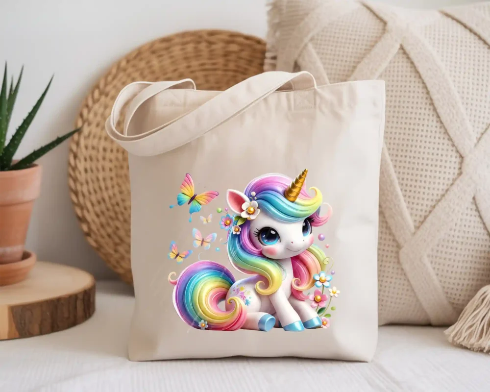 Cute unicorn rainbow PNG design on tote bag