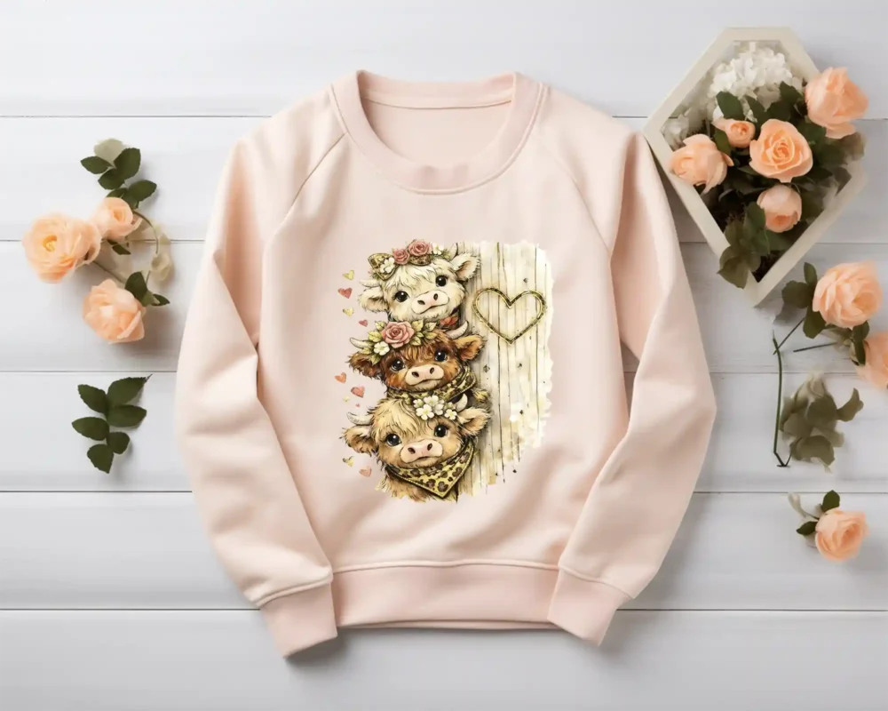 Blush sweatshirt featuring valentine highland cow design